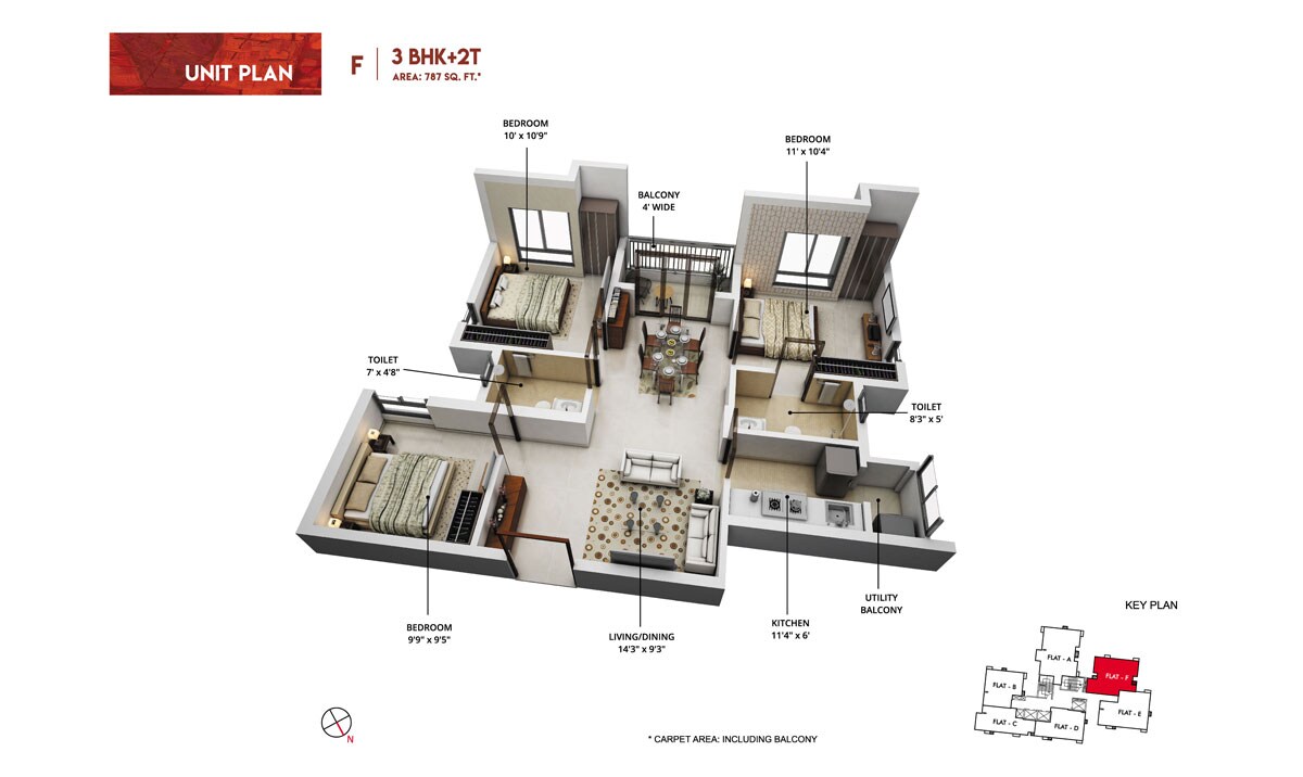 Floor plan of 3 BHK 1185 Sq. Ft. Apartment in Rishi Pranaya Phase I, Kolkata