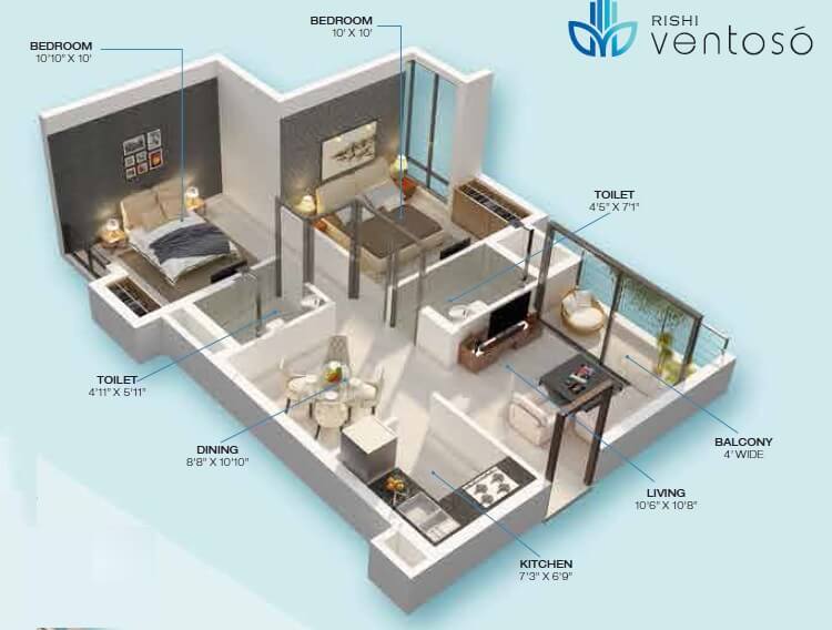 Floor plan of 2 BHK 1119 Sq. Ft. Apartment in Rishi Ventoso, Kolkata