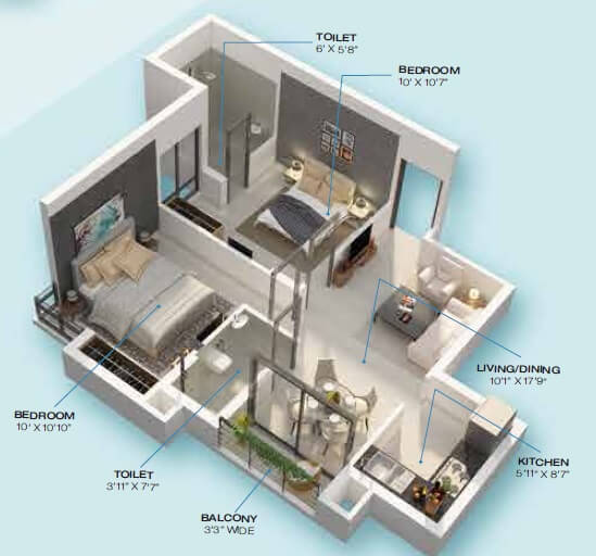 Floor plan of 2 BHK 849 Sq. Ft. Apartment in Rishi Ventoso, Kolkata