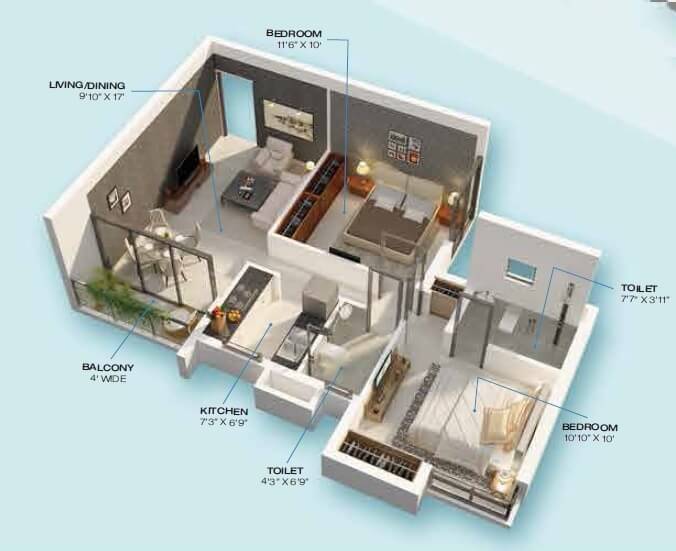 Floor plan of 2 BHK 974 Sq. Ft. Apartment in Rishi Ventoso, Kolkata