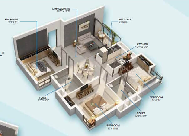 Floor plan of 3 BHK 1346 Sq. Ft. Apartment in Rishi Ventoso, Kolkata