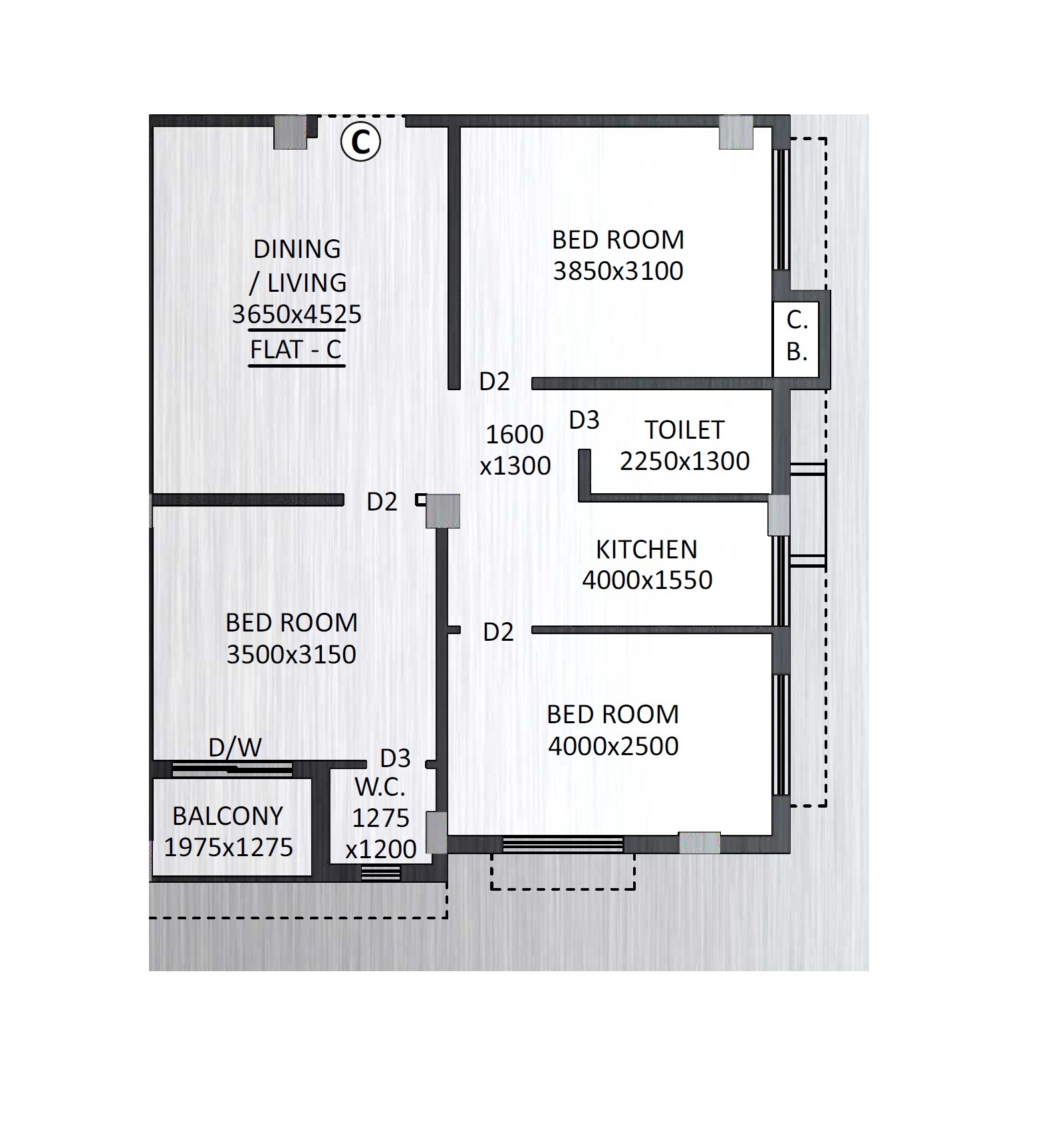 Floor plan of 3 BHK Apartment - 1044 sq. ft. in Rohra Platinum, Kolkata
