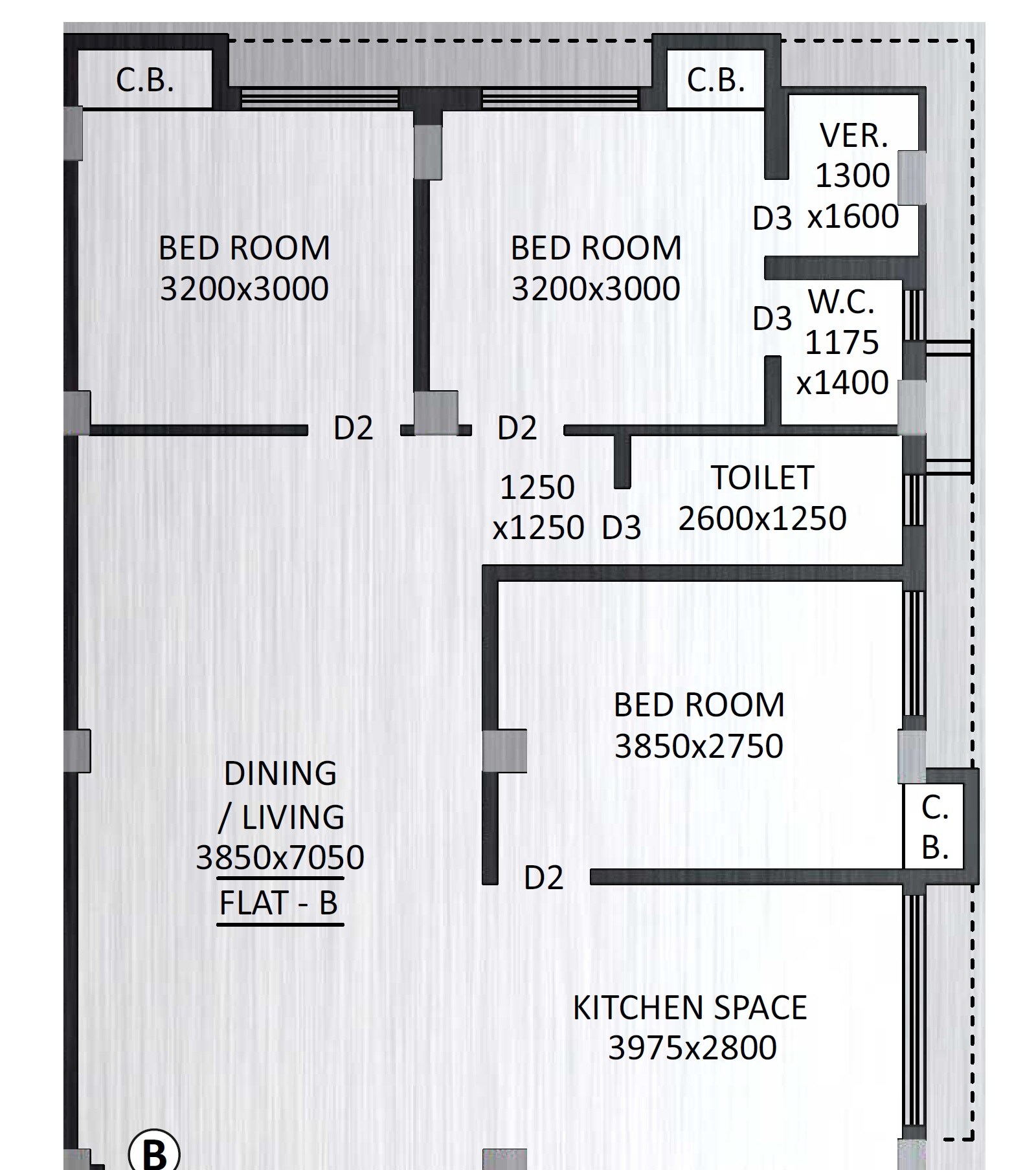 Floor plan of 3 BHK Apartment - 1240 sq. ft. in Rohra Platinum, Kolkata