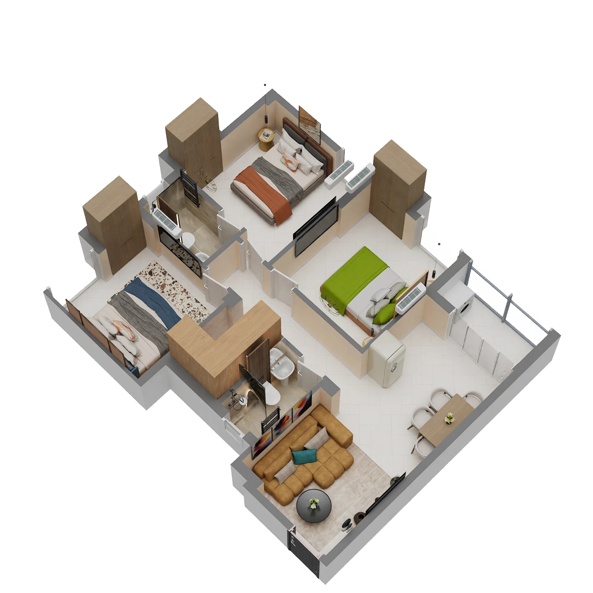 Floor plan of 3 BHK 674 Sq. Ft. Apartment in Rohra Tulip, Kolkata