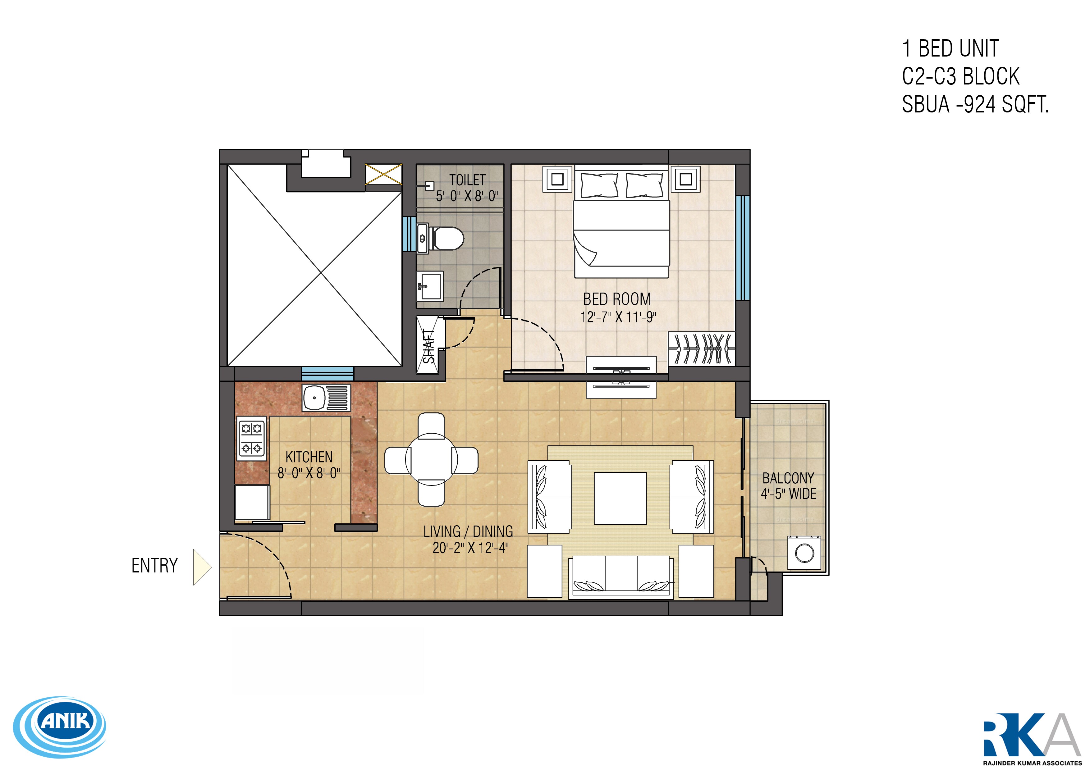 Floor plan of 1 BHK 924 Sq. Ft. Apartment in Ruchi One Rajarhat, Kolkata