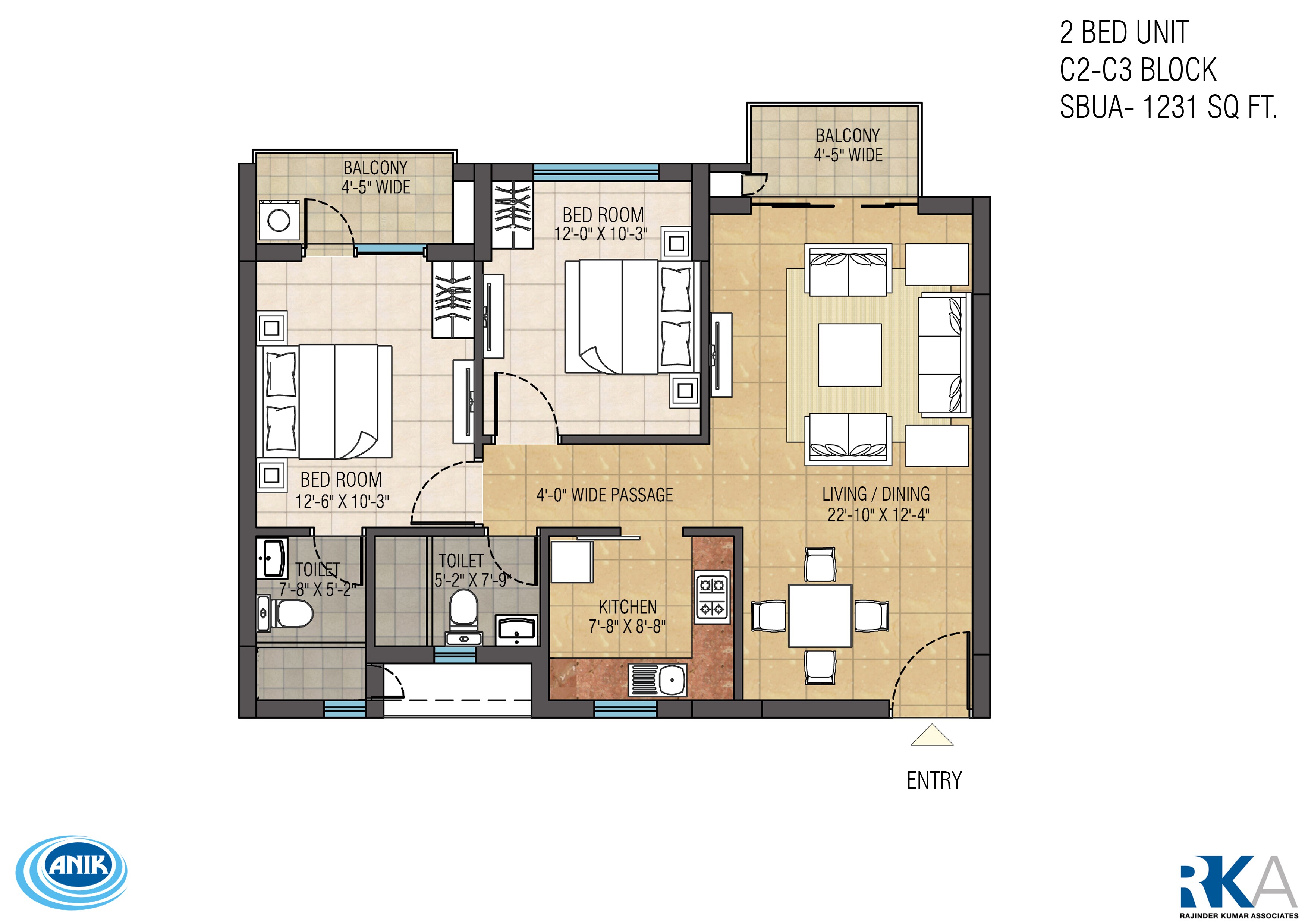 Floor plan of 2 BHK 1231 Sq. Ft. Apartment in Ruchi One Rajarhat, Kolkata
