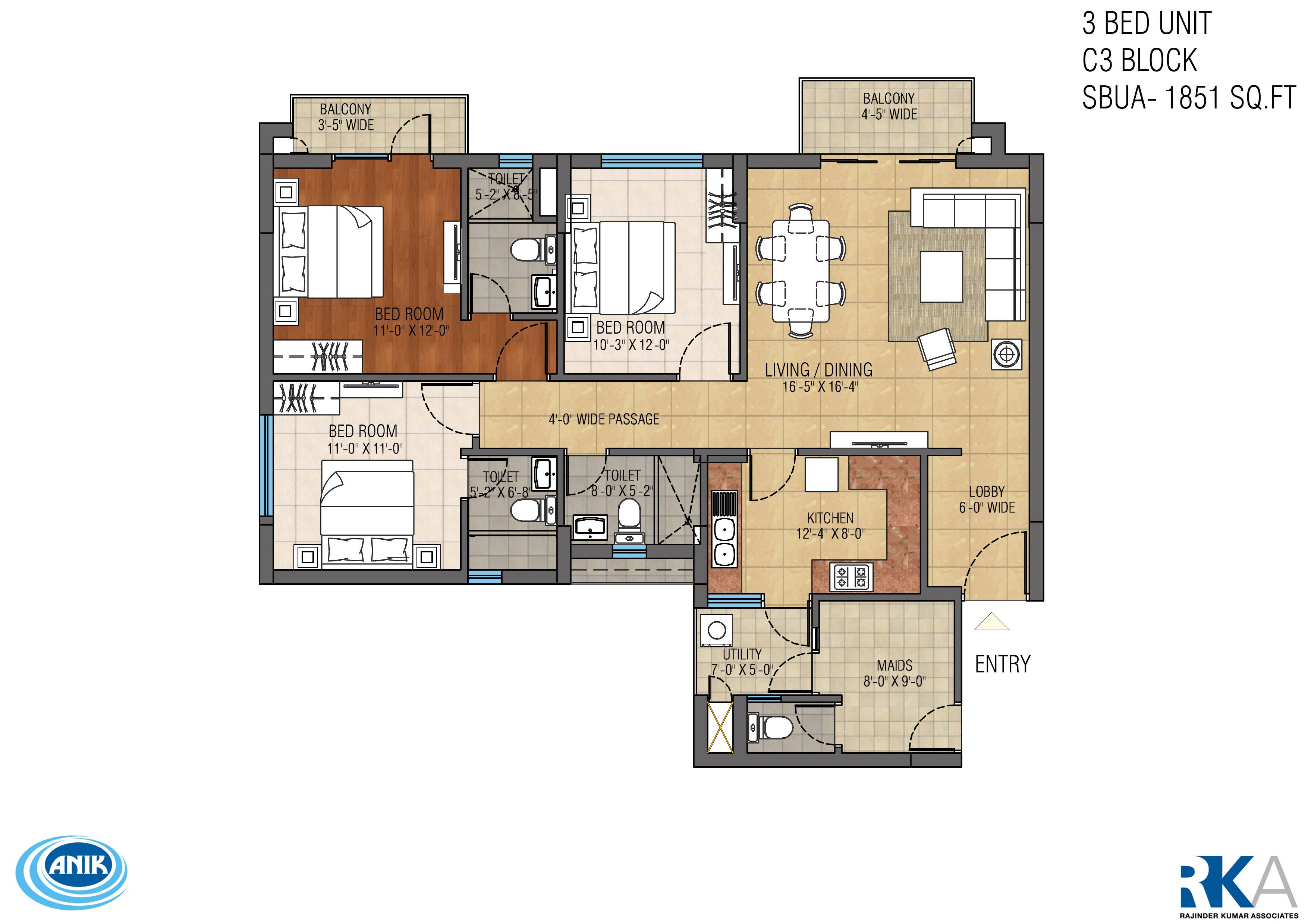 Floor plan of 3 BHK 1851 Sq. Ft. Apartment in Ruchi One Rajarhat, Kolkata