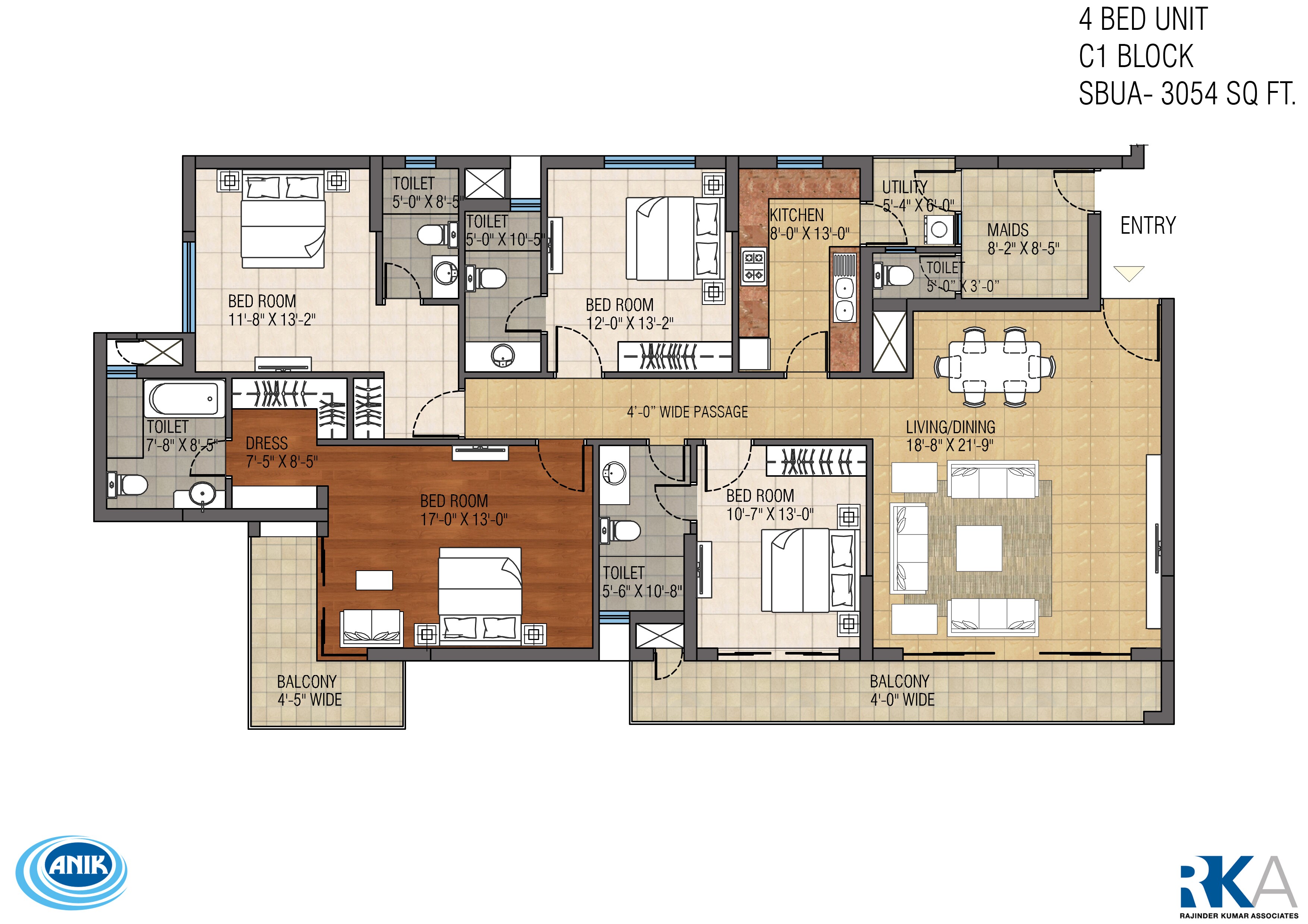 Floor plan of 4 BHK 3054 Sq. Ft. Apartment in Ruchi One Rajarhat, Kolkata
