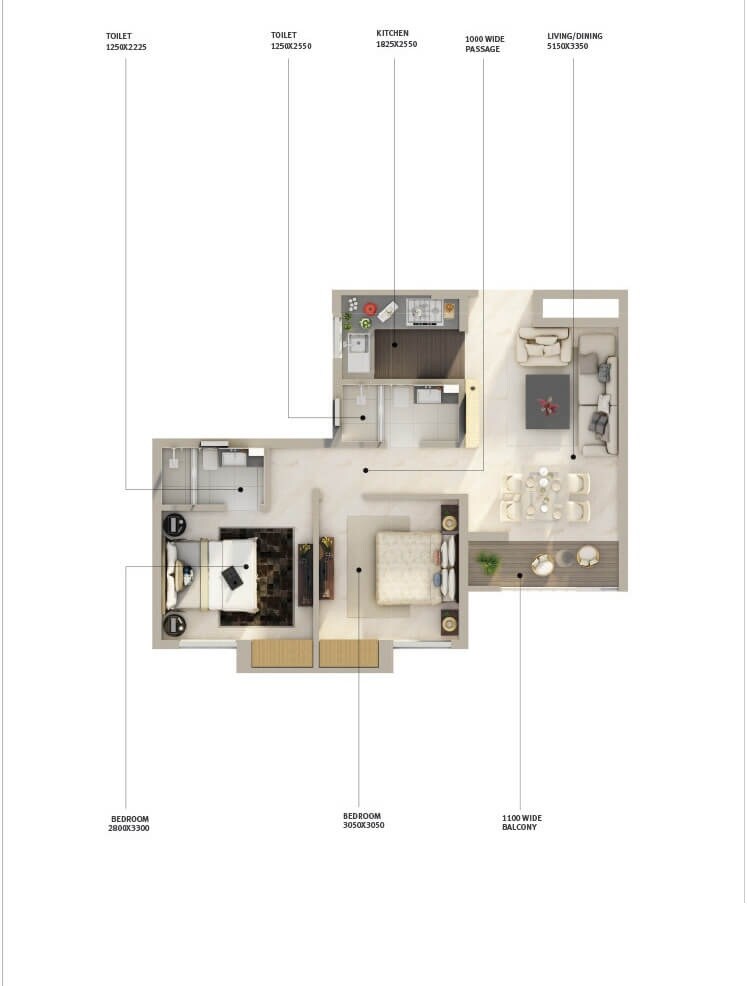 2 BHK 993 Sq. Ft. Apartment
