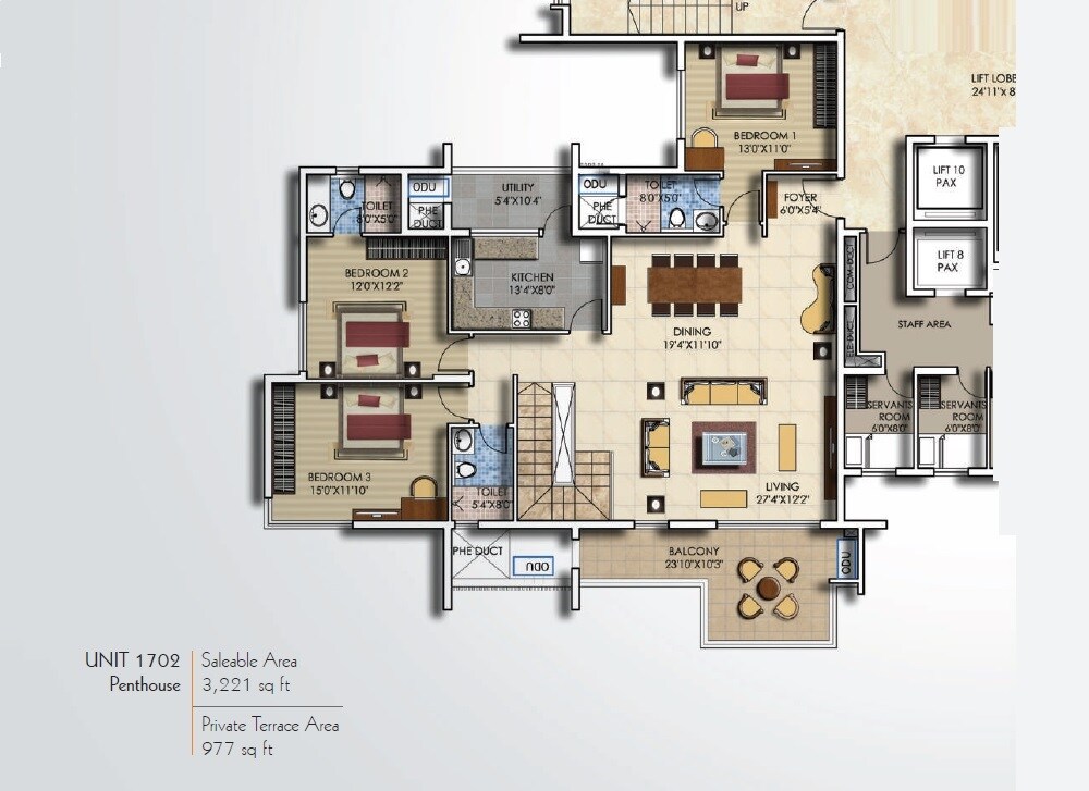 Floor plan of 3 BHK 3221 Sq. Ft. Penthouse in Salarpuria Luxuria Heights, Kolkata