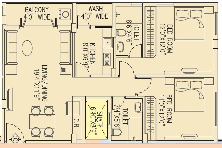Floor plan of 2 BHK 1121 Sq. Ft. Apartment in Salarpuria Pearl, Kolkata