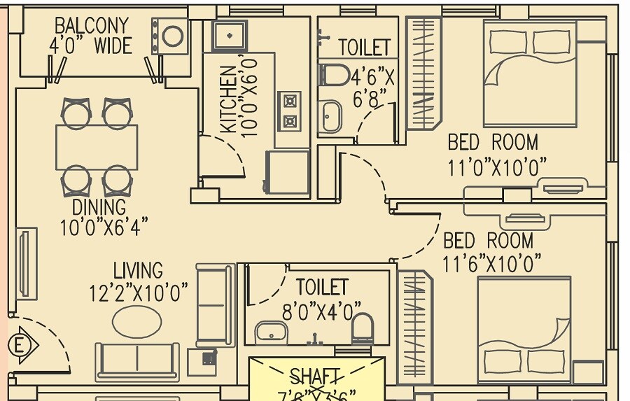 Floor plan of 2 BHK 889 Sq. Ft. Apartment in Salarpuria Pearl, Kolkata