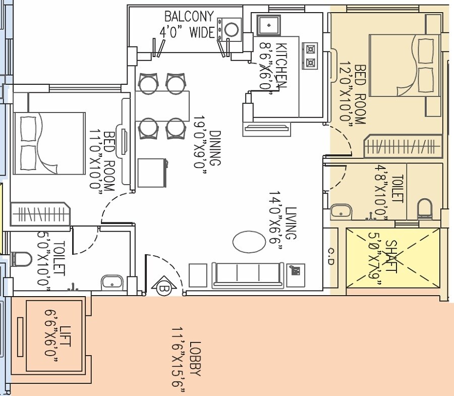 Floor plan of 2 BHK 980 Sq. Ft. Apartment in Salarpuria Pearl, Kolkata