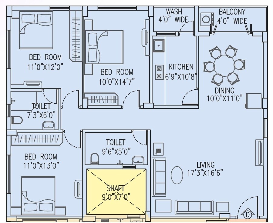 Floor plan of 3 BHK 1569 Sq. Ft. Apartment in Salarpuria Pearl, Kolkata