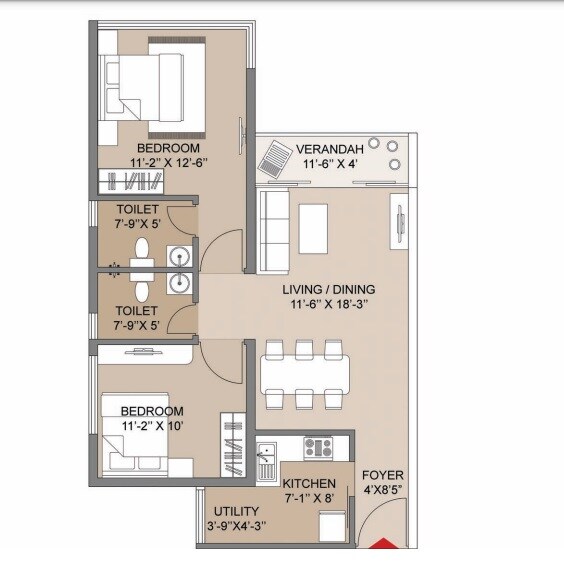 Floor plan of 2 BHK 1080 Sq. Ft. Apartment in Salarpuria Silveroak Estate, Kolkata