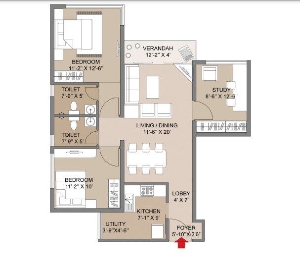 Floor plan of 2 BHK 1280 Sq. Ft. Apartment in Salarpuria Silveroak Estate, Kolkata