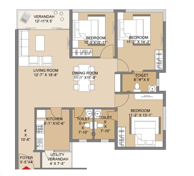 Floor plan of 3 BHK 1660 Sq. Ft. Apartment in Salarpuria Silveroak Estate, Kolkata