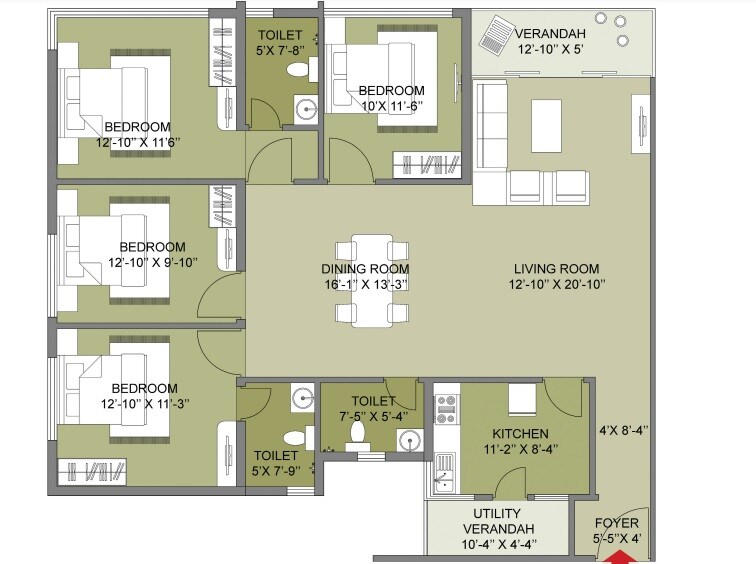 Floor plan of 4 BHK 2003 Sq. Ft. Apartment in Salarpuria Silveroak Estate, Kolkata