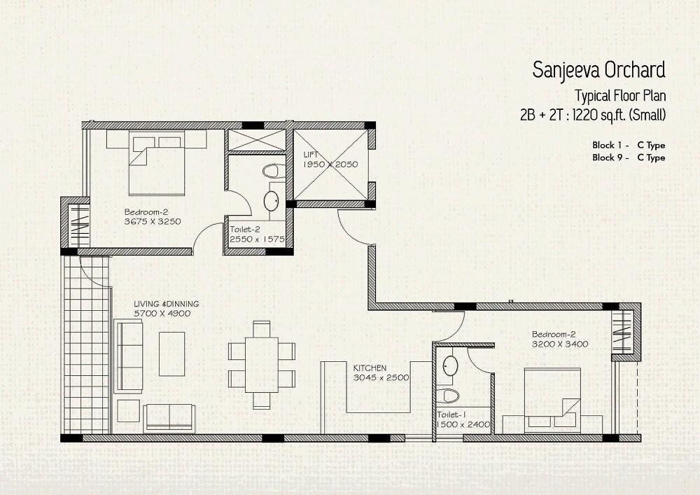 Floor plan of 2 BHK 1220 Sq. Ft. Apartment in Sanjeeva Orchard, Kolkata