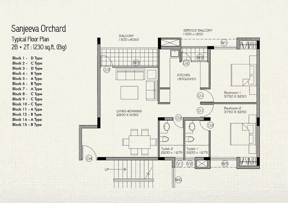 Floor plan of 2 BHK 1230 Sq. Ft. Apartment in Sanjeeva Orchard, Kolkata