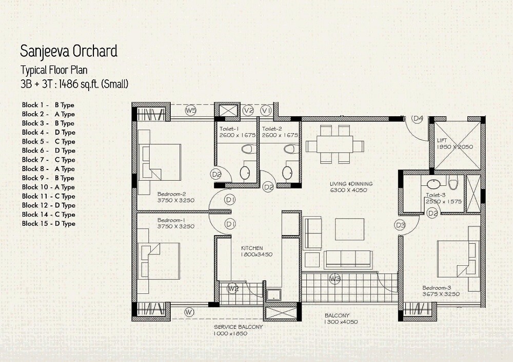 Floor plan of 3 BHK 1486 Sq. Ft. Apartment in Sanjeeva Orchard, Kolkata