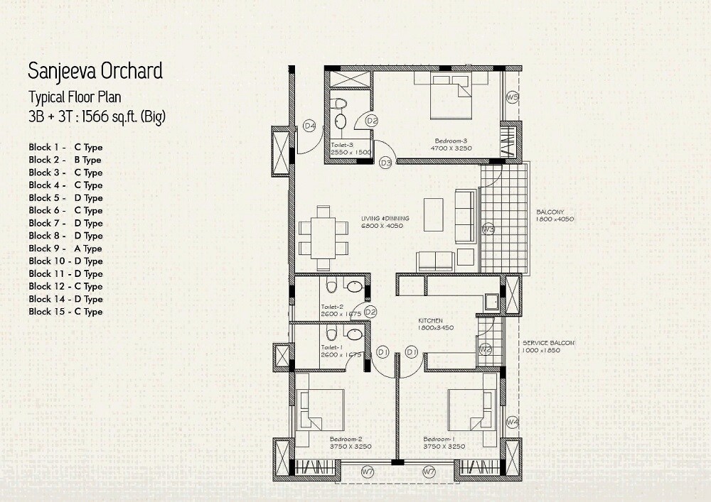 Floor plan of 3 BHK 1566 Sq. Ft. Apartment in Sanjeeva Orchard, Kolkata