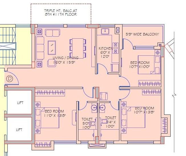 Floor plan of 3 BHK 1367 Sq. Ft. Apartment in Shankh Mani, Kolkata