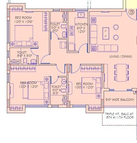 Floor plan of 3 BHK 1474 Sq. Ft. Apartment in Shankh Mani, Kolkata