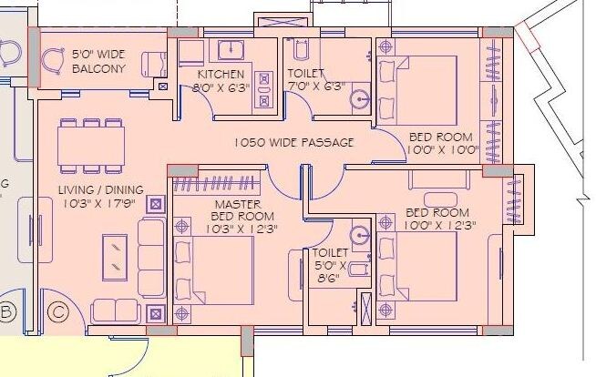 Floor plan of 3 BHK 1719 Sq. Ft. Apartment in Shankh Mani, Kolkata