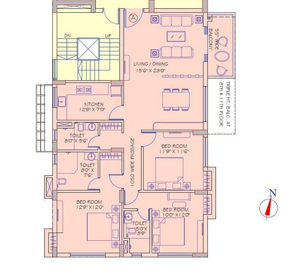 Floor plan of 3 BHK 1808 Sq. Ft. Apartment in Shankh Mani, Kolkata