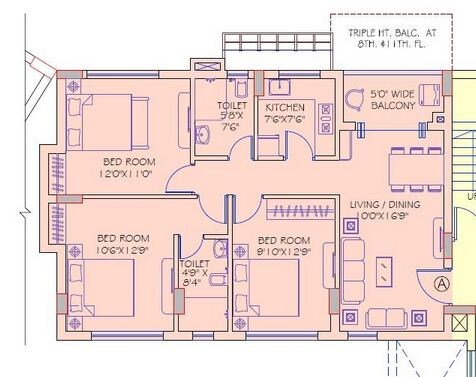 Floor plan of 3 BHK 1875 Sq. Ft. Apartment in Shankh Mani, Kolkata