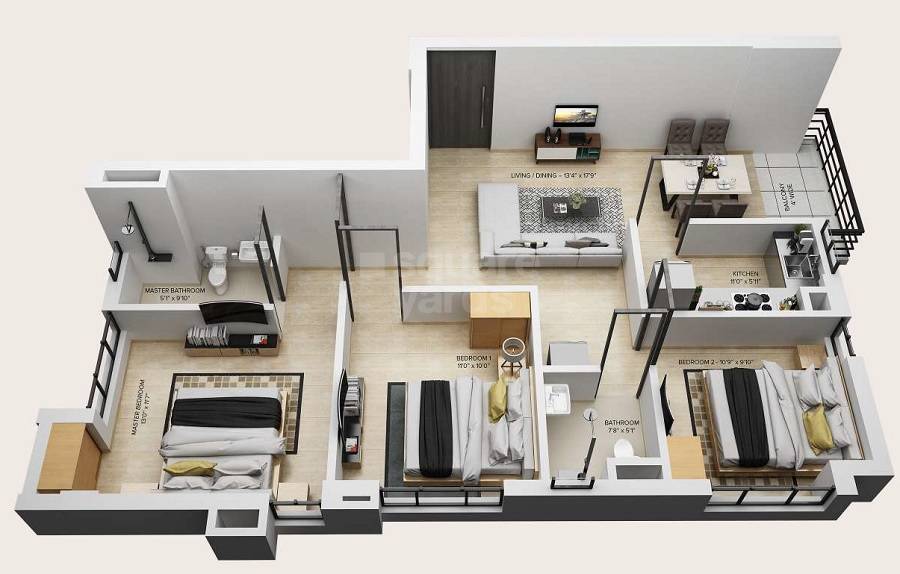 Floor plan of 3 BHK 1220 Sq. Ft. Apartment in Shivom Elysiya, Kolkata