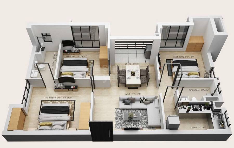 Floor plan of 3 BHK 1650 Sq. Ft. Apartment in Shivom Elysiya, Kolkata