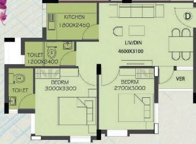 Floor plan of 2 BHK 725 Sq. Ft. Apartment in Shrachi Dakhinatya, Kolkata