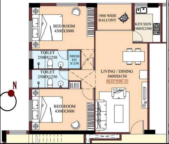 Floor plan of 2 BHK 1085 Sq. Ft. Apartment in Shrachi Dakshin, Kolkata