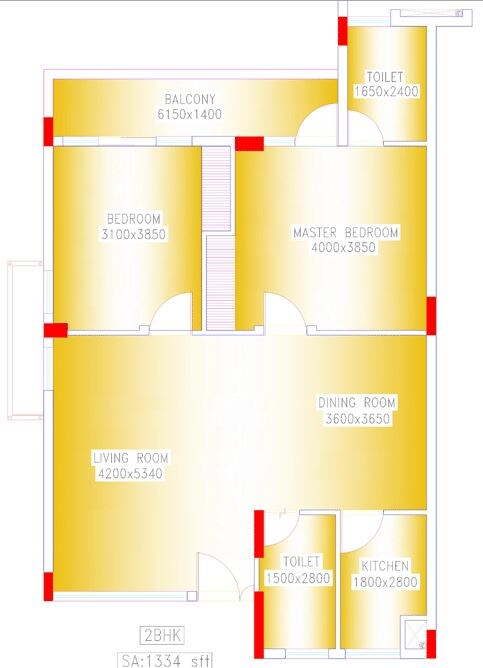 Floor plan of 2 BHK 1334 Sq. Ft. Apartment in Shrachi Greenwood Elements, Kolkata