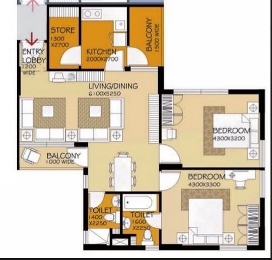 Floor plan of 2 BHK 1485 Sq. Ft. Apartment in Shrachi Greenwood Nest, Kolkata