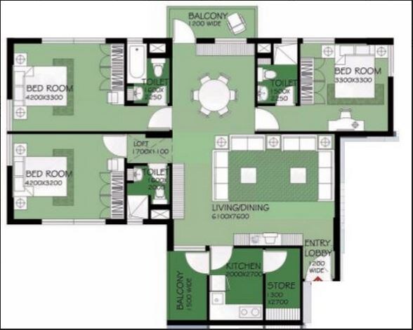 Floor plan of 3 BHK 1861 Sq. Ft. Apartment in Shrachi Greenwood Nest, Kolkata