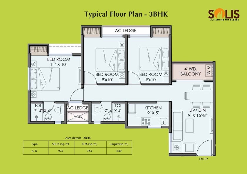 Floor plan of 3 BHK 974 Sq. Ft. Apartment in Shrachi Renaissance Township, Kolkata