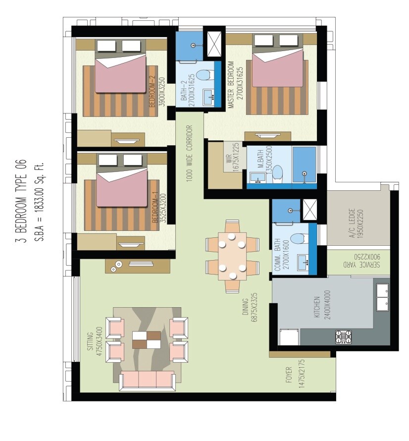 Floor plan of 3 BHK 1833 Sq. Ft. Apartment in Shrachi Urbana, Kolkata