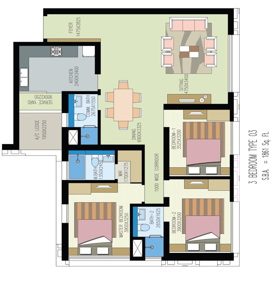 Floor plan of 3 BHK 1861 Sq. Ft. Apartment in Shrachi Urbana, Kolkata