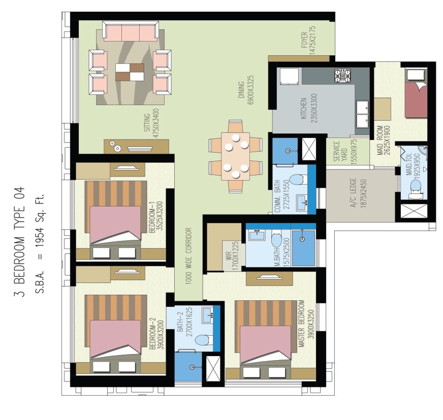 Floor plan of 3 BHK 1954 Sq. Ft. Apartment in Shrachi Urbana, Kolkata