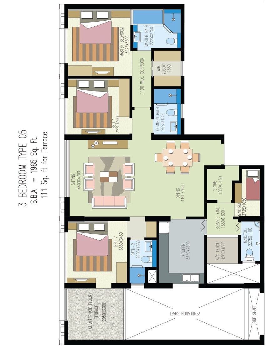 Floor plan of 3 BHK 1965 Sq. Ft. Apartment in Shrachi Urbana, Kolkata