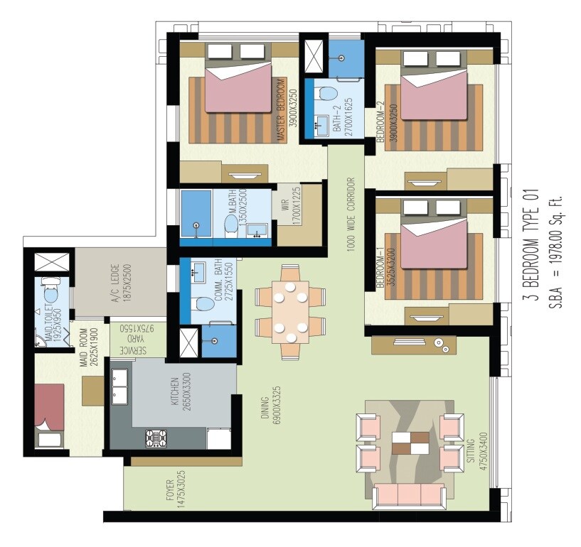 Floor plan of 3 BHK 1978 Sq. Ft. Apartment in Shrachi Urbana, Kolkata
