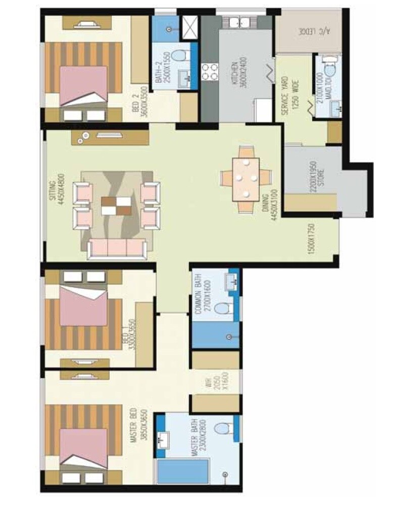 Floor plan of 3 BHK 2000 Sq. Ft. Apartment in Shrachi Urbana, Kolkata