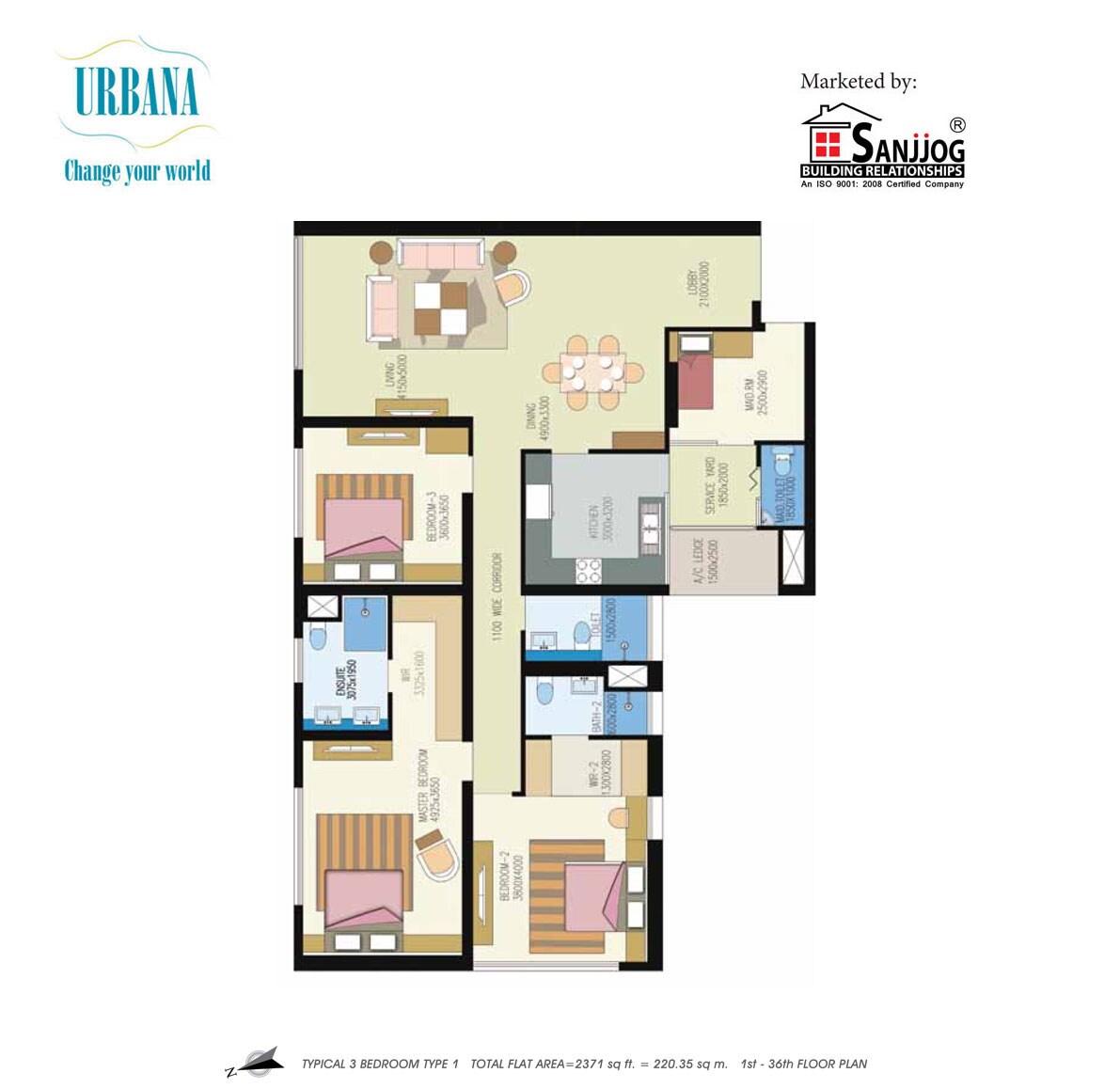 Floor plan of 3 BHK 2371 Sq. Ft. Apartment in Shrachi Urbana, Kolkata