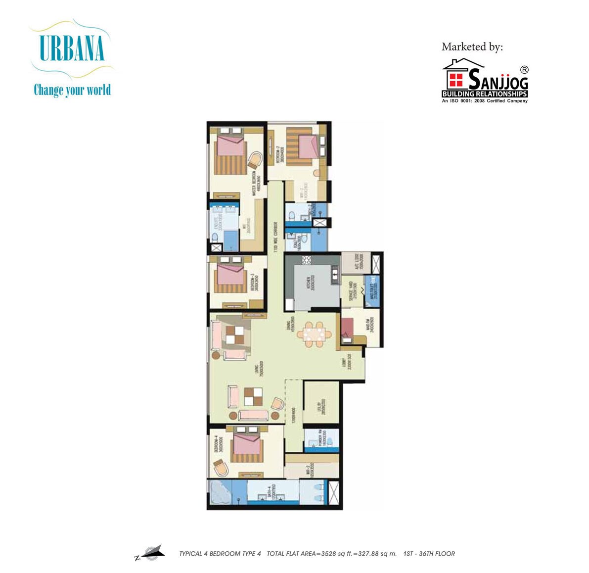 Floor plan of 4 BHK 3528 Sq. Ft. Apartment in Shrachi Urbana, Kolkata