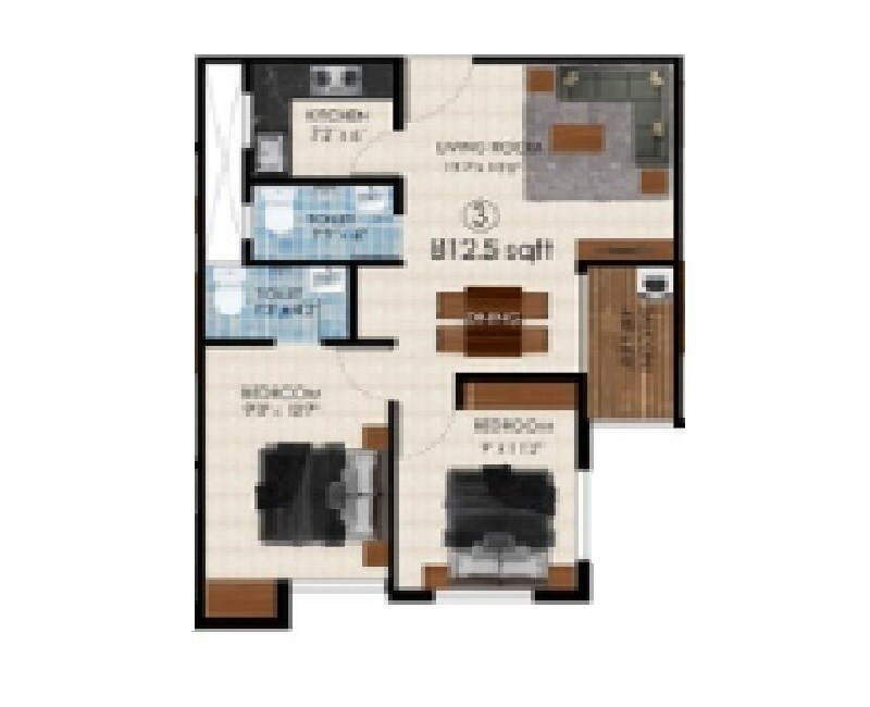 Floor plan of 2 BHK 812 Sq. Ft. Apartment in Shree Hari Ananda, Kolkata