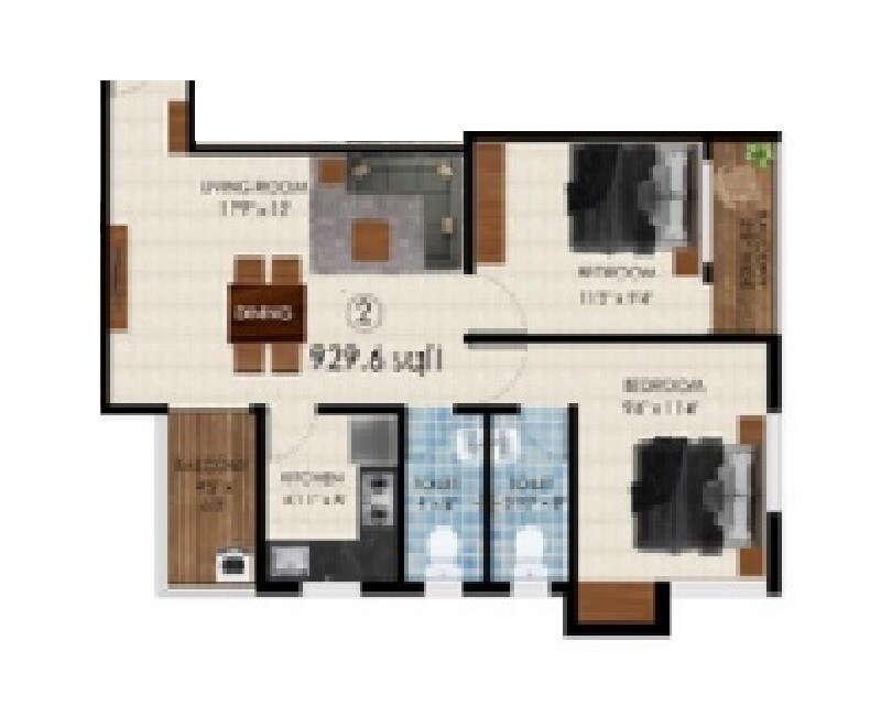 Floor plan of 2 BHK 929 Sq. Ft. Apartment in Shree Hari Ananda, Kolkata