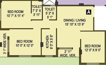 Floor plan of 2 BHK 1100 Sq. Ft. Apartment in Shreshta Garden, Kolkata